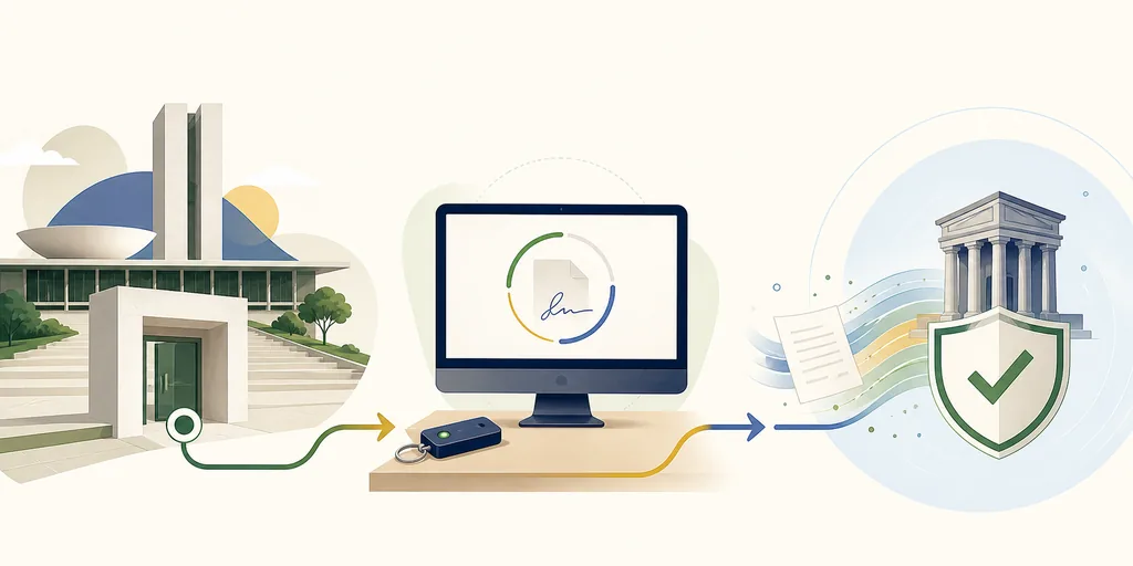 Editorial illustration of a court portal request moving through a desktop certificate signer.