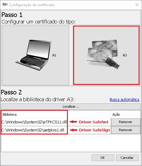 Official example of PJeOffice driver and certificate recognition
