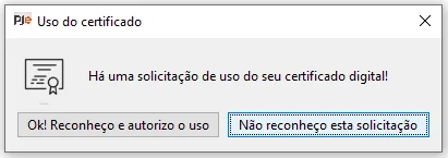 Official PJeOffice certificate-use confirmation dialog.