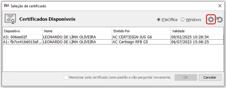 Official PJeOffice certificate selection screen.